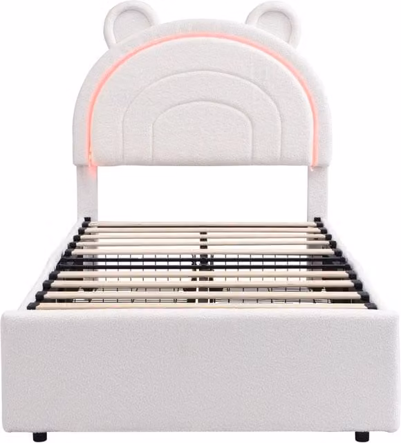 Letto per bambini 90×200 cm 1 posto con 4 cassetti, LED controllabile tramite app e testiera a orsetto, senza materasso, in velluto beige