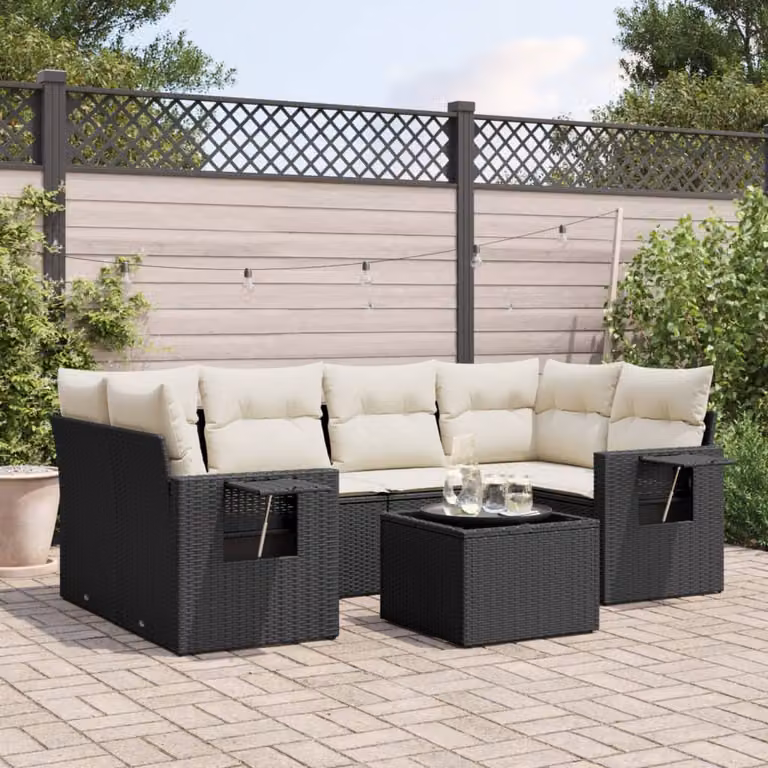 Set di Divani da Giardino a L vidaXL in Polyrattan Nero con 7 Cuscini e Tavolino da Esterno