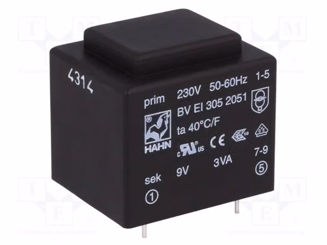 1 trasformatore: rivestito, 230 VAC, 9 V, 334 mA. Montaggio: 3 VA, 111 g. Modello: BV EI 305 2051 -Tra