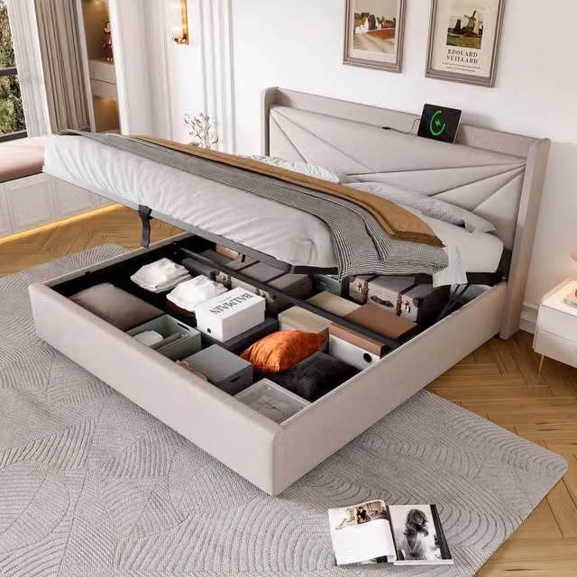 Letto Contenitore Matrimoniale Imbottito in Tessuto con USB ¨C Xylo ¨C 180x200, con Rete a Doghe