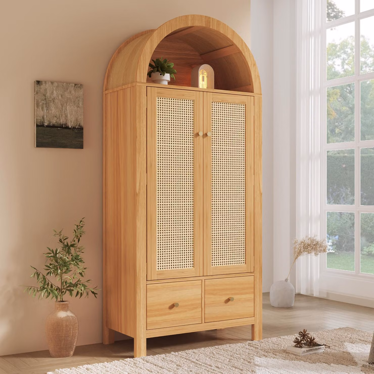 Armadio Merax in rattan con forma ad arco, armadio da camera da letto con 2 ante e 2 cassetti, asta appendiabiti, armadio in stile rustico, naturale
