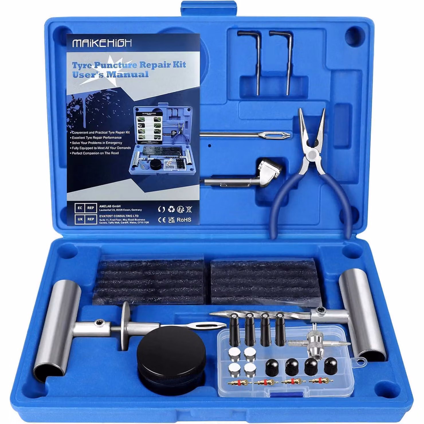 Kit di riparazione pneumatici da 69 pezzi per auto, camion, trattore, motocicletta, ATV, colore blu