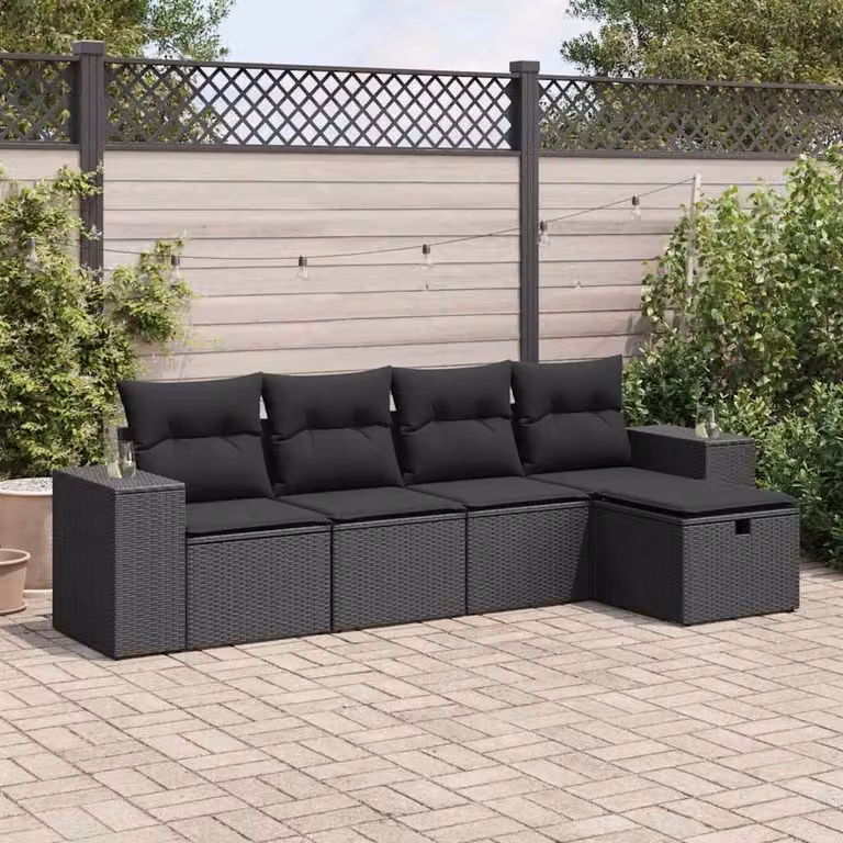Set da giardino vidaXL a 5 pezzi in polyrattan nero con cuscini e divano angolare a L