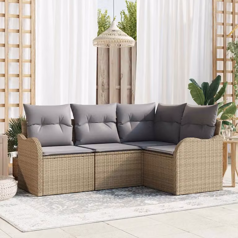 Set Divano da Giardino vidaXL 4 pz a L con Tavolino, Polyrattan e Struttura in Acciaio, Beige e Grigio