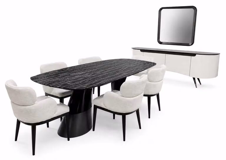 Set di design composto da tavolo da pranzo con 6 sedie e credenza da sala da pranzo di design con specchio
