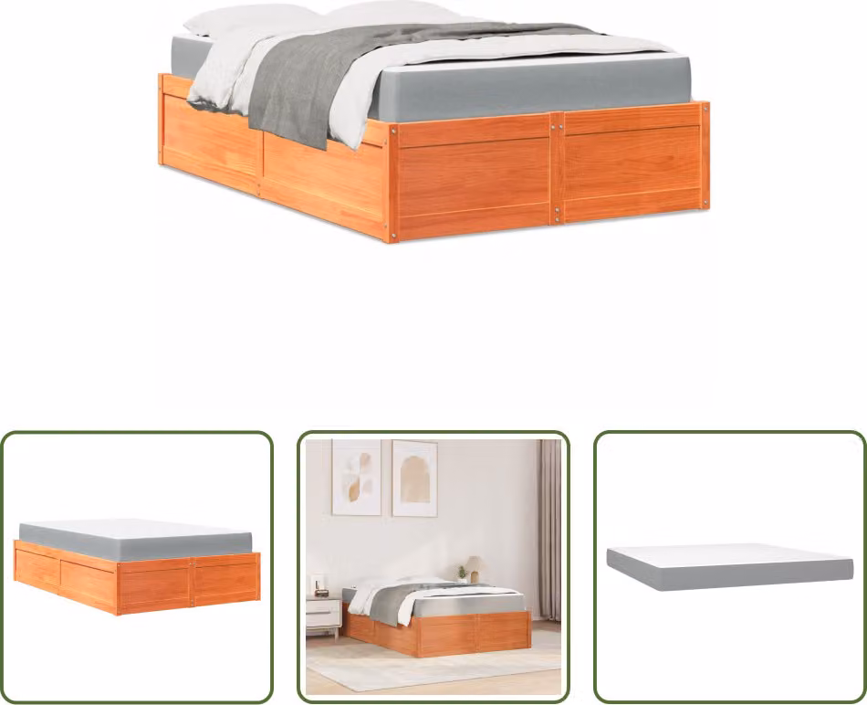 The Living Store Letto con materasso marrone cera 120x200 cm in legno di pino massiccio
