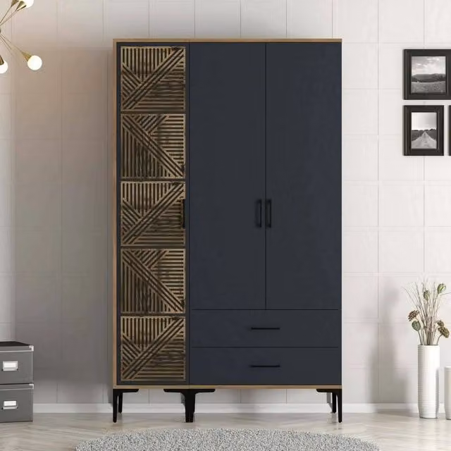 Armadio 3 ante DMORA per camera da letto, design moderno con ante a battente, Colore Noce e Antracite, L: 120 cm, P: 47,5 cm, H: 201,4 cm