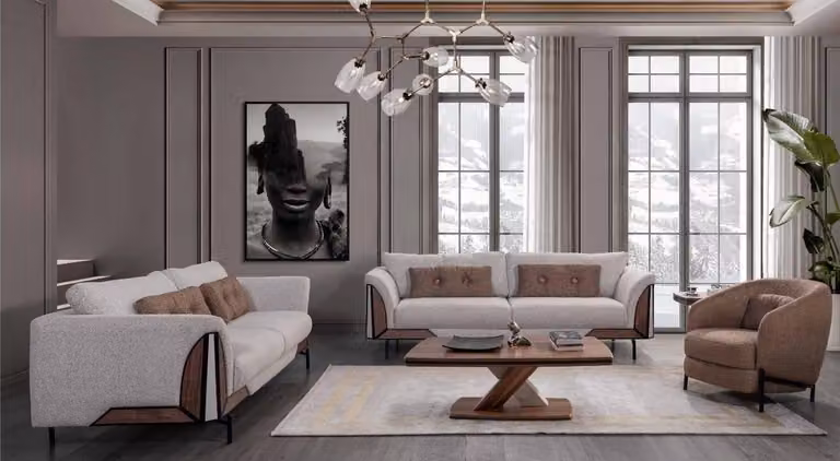 Braun-Weiß Sofagarnitur 3+3+1 Couchtisch Komplettes Wohnzimmer Set