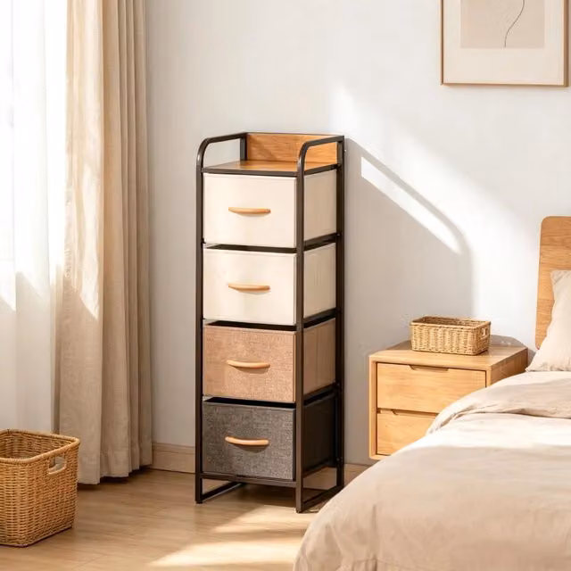 Cassettiera 31x29x99 cm con 4 cassetti pieghevoli in MDF e acciaio beige e marrone