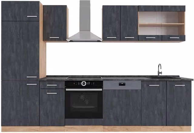 Cucina componibile moderna Vicco R-Line Calce nera e Rovere dorato con piano Antracite L: 300 cm – 1