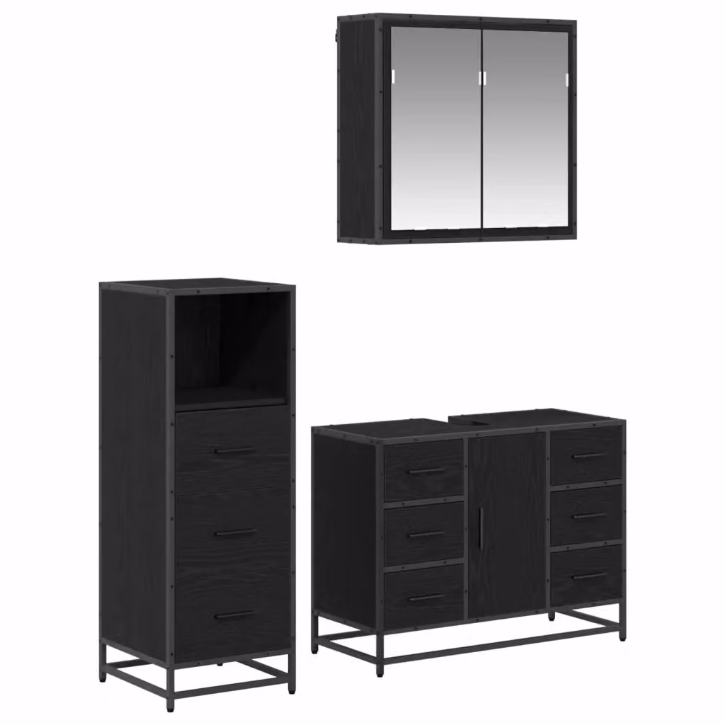 Set di mobili per il bagno vidaXL 3 pezzi in rovere e nero con armadietto a specchio, mobile lavabo e mobile laterale L/P/H: 80 x 33 x 60 cm – 2