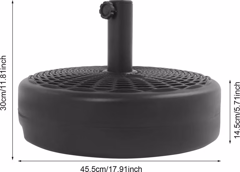 Base per ombrellone - Base rotonda riempibile - Per pali da 3,4–3,8 e 4,4–4,8 cm - Ø 45,5 cm - Altezza 30 cm - 17 kg d'acqua - Pulsante di regolazione - HDPE - Nero