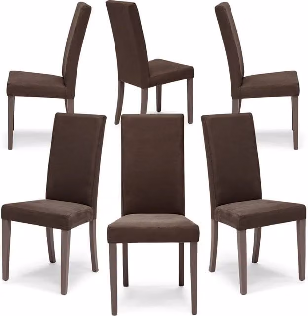 Set 6 sedie imbottite per sala da pranzo EDI NEW, 100% MADE IN ITALY, design moderno, rivestimento in tessuto idrorepellente effetto camoscio colore Moka Vintage, gambe in legno in tinta