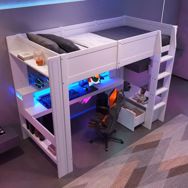 Letto a soppalco ULEVR 90x200 cm con scrivania, cassetto, ripiani e LED a 16 colori, bianco