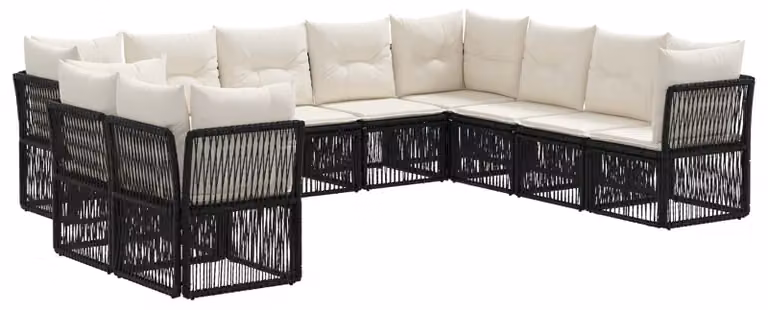 Set da giardino composto da 10 pezzi, colore nero, realizzato in rattan sintetico