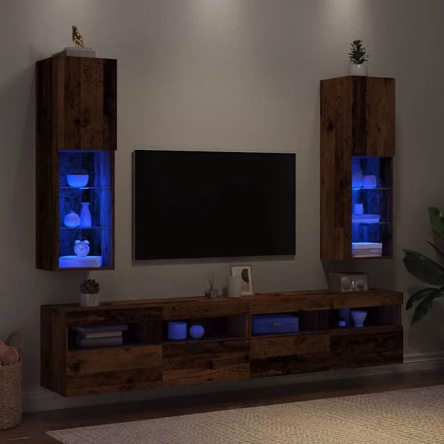 Set di 2 Mobili Porta TV vidaXL in Legno Antico Marrone con Luci LED Integrate per Soggiorno, L/P/H: 30,5 x 30 x 102 cm – 1