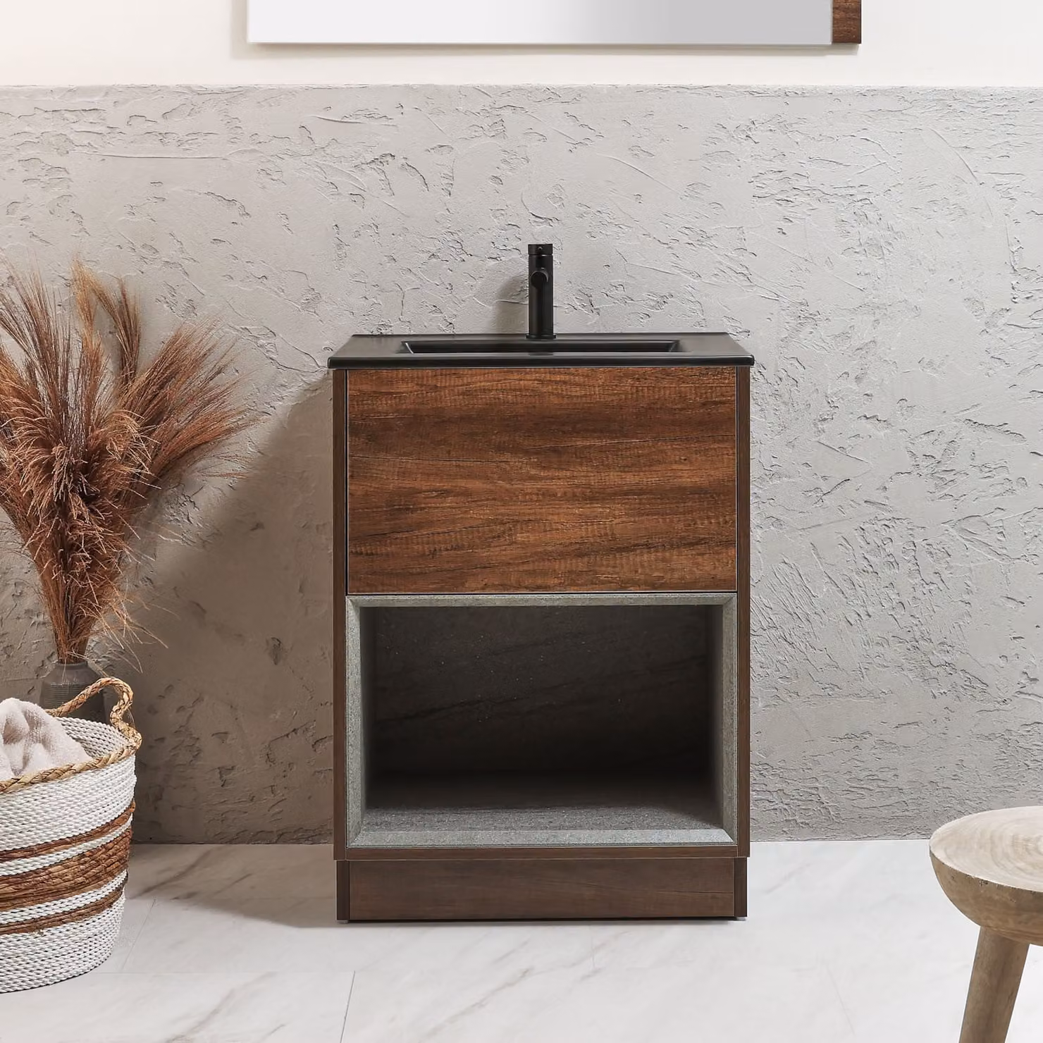 Mobile Bagno con Ripiano Aperto in Rovere Scuro da 612mm con Lavabo Color Grafite - Hoxton