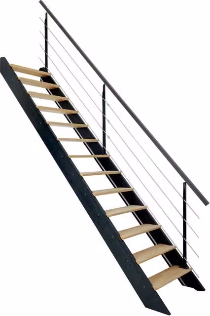Scala rettilinea Kordo con balaustra in acciaio effetto legno color grigio antracite