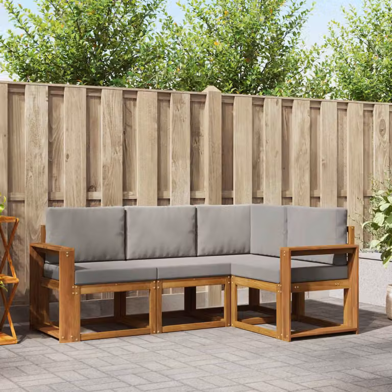 Set di divani da esterno vidaXL 4 pz in legno di acacia con cuscini, composizione a L, Grigio e Marrone
