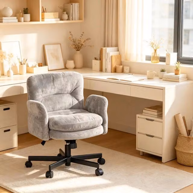 Sedia girevole a 360° in velluto con seduta imbottita, schienale ergonomico e base in metallo per soggiorno grigio