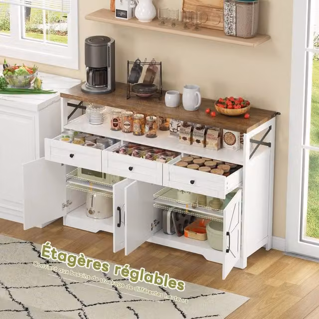 Buffet Credenza 140 cm ¨C MINIMAL ¨C Bianco/Marrone, 3 Cassetti, Ante, Ripiani, Legno