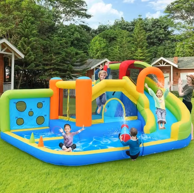 Castello gonfiabile per bambini 4 in 1 con scivolo d'acqua; tappeto elastico e soffiatore 450 W; blu