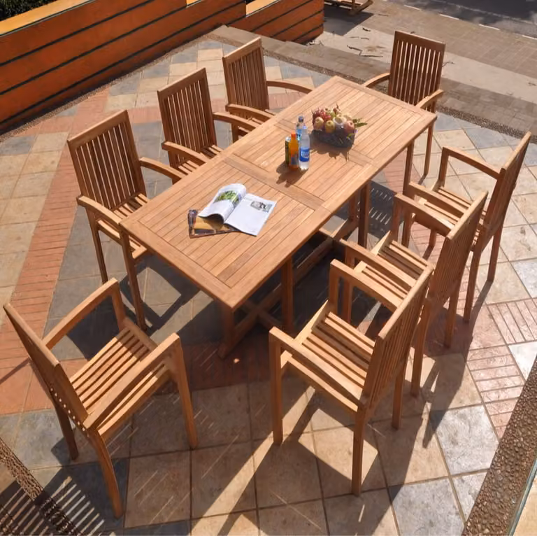 Sitzgruppe Teak 8 Stapelstühle Como + Ausziehtisch Parma 180-240 x120cm