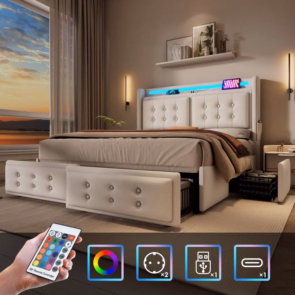Letto Mivray con cassetti, illuminazione LED e ricarica USB-C, testiera imbottita in cotone e lino, colore beige, L/P: 180 x 200 cm – 2