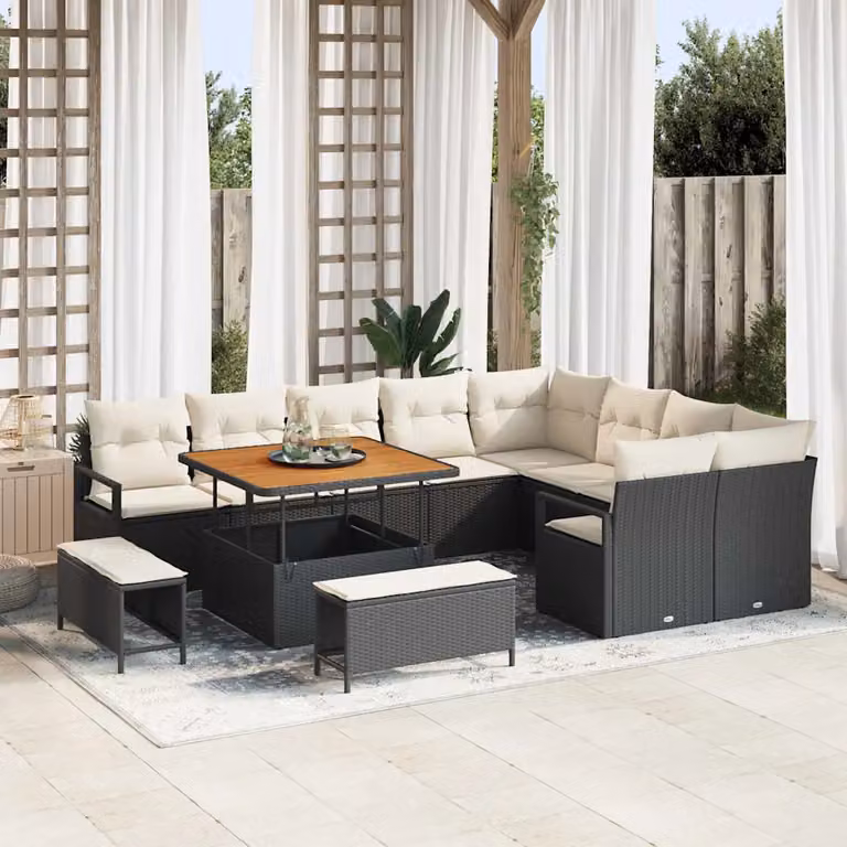 Set Divano da Giardino vidaXL 12 Pezzi L-Shape Nero con Cuscini e Tavolino in Polyrattan e Acciaio