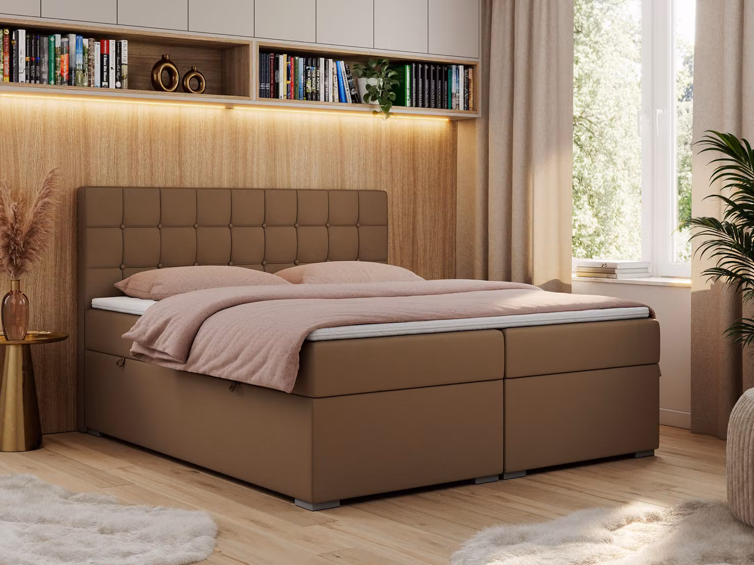 Letto boxspring, letto matrimoniale, letto imbottito con testiera, contenitore - CARMEN - 120x200 - Marrone - Pelle finta - H4
