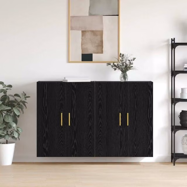 Set di 2 mobiletti a muro moderni vidaXL in legno color rovere nero opaco, L: 69,5 cm, P: 34 cm, H: 90 cm – 1