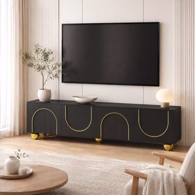 Mobile TV MODFU nero con 4 ante e dettagli decorativi oro L: 170 cm, P: 38 cm, H: 44 cm
