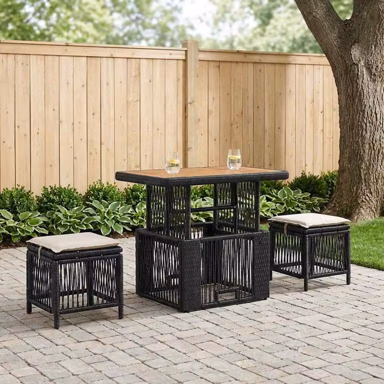 Set da pranzo per giardino e balcone vidaXL in polyrattan e legno di acacia, 3 pezzi, Nero e Beige