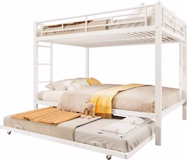 Letto a Castello 140x200 cm in Metallo Bianco con Letto Estraibile e Sponde Alte