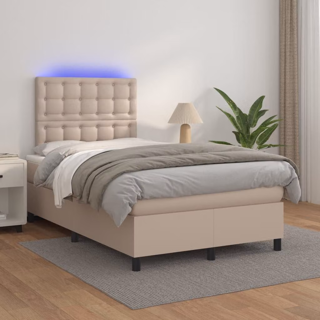 Letto con giroletto a molle, materasso ibrido e illuminazione LED vidaXL, colore cappuccino, L/P/H: 200 x 120 x 128 cm – 1