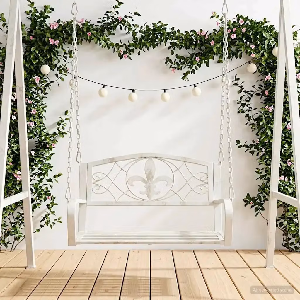 Panchina a dondolo in acciaio verniciato bianco per giardino e terrazzo L: 71,5 cm, P: 59 cm, H: 55 cm – 2