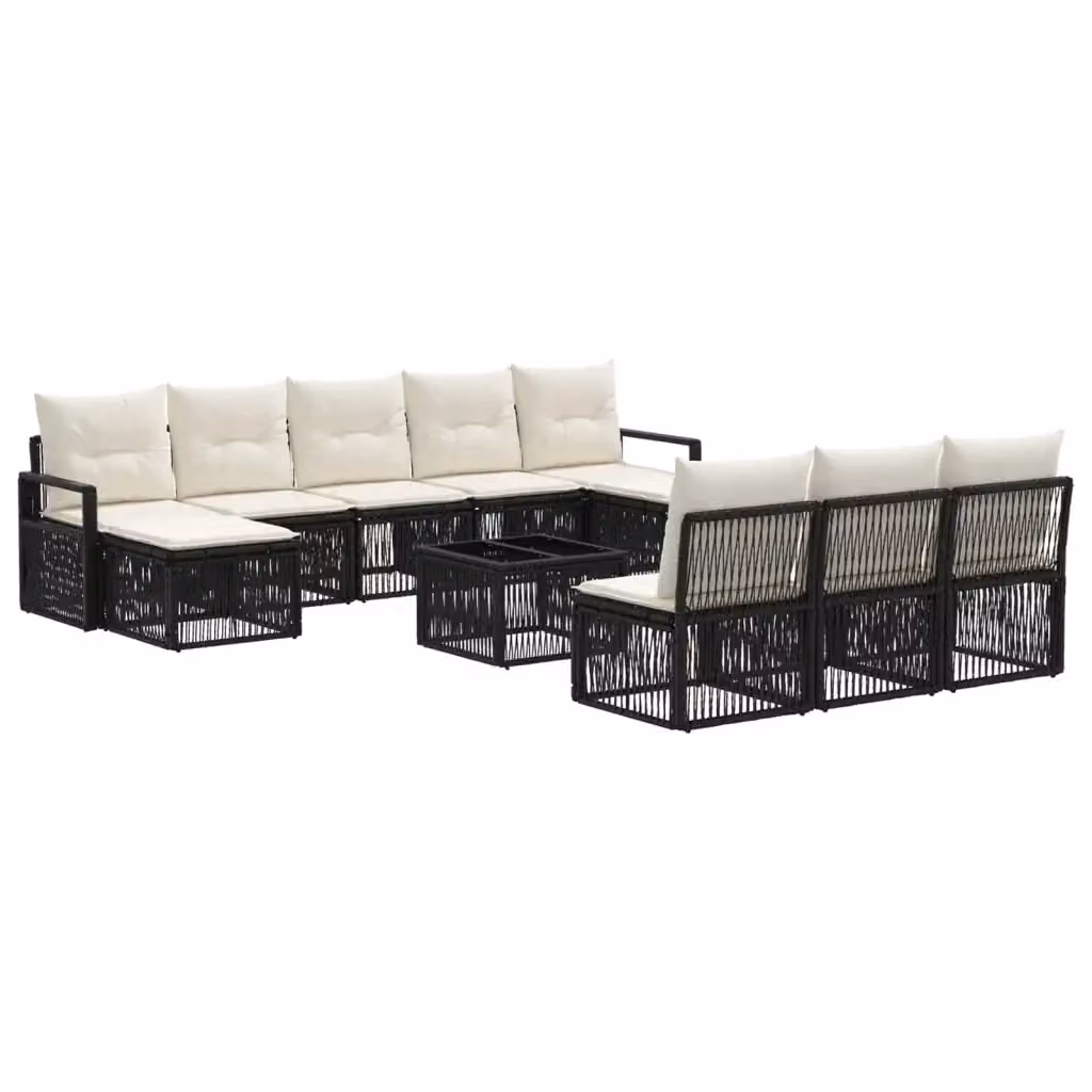 Set Divano da Giardino vidaXL 11 Pezzi Nero con Poltrona, Elementi Angolari, Ottoman e Tavolino, Design Moderno a Forma di U in Polyrattan e Metallo con Cuscini Inclusi – 2