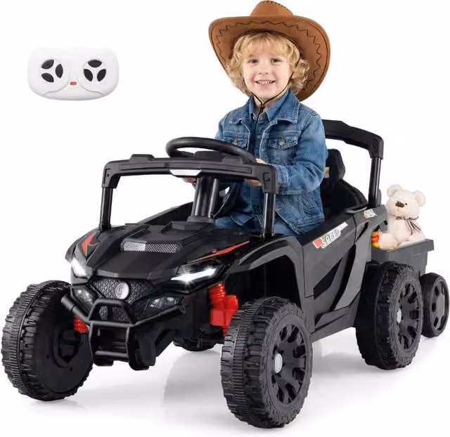 Auto elettrica per bambini con rimorchio rimovibile e controllo parentale, colore nero, L 135 x P 58,5 x H 54 cm