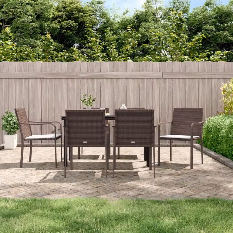 Set da pranzo da giardino vidaXL in polyrattan e acciaio con 7 pezzi e cuscini, tavolo rettangolare in vetro e sedie moderne, disponibile in bianco, nero o marrone