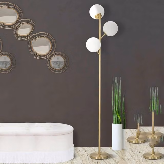 Kisoro, Lampada da Terra Moderna in Metallo e Vetro, Bianco e Oro, Altezza: 190 cm – 1