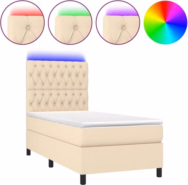 Letto singolo | Letto per adulti | Letto a Molle con Materasso e LED Crema 80x200 cm in Tessuto