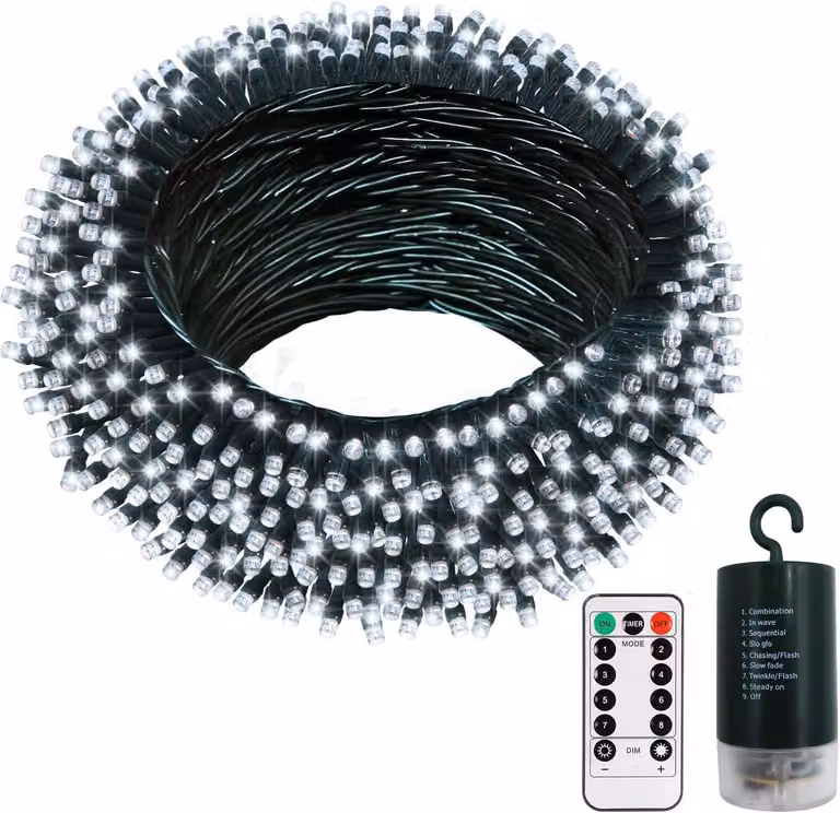 Catena luminosa a LED, 20 metri, 200 LED bianchi freddi, alimentazione a batteria, con telecomando