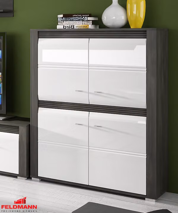 Cassettiera a 4 ante 90 cm pino nero / bianco lucido