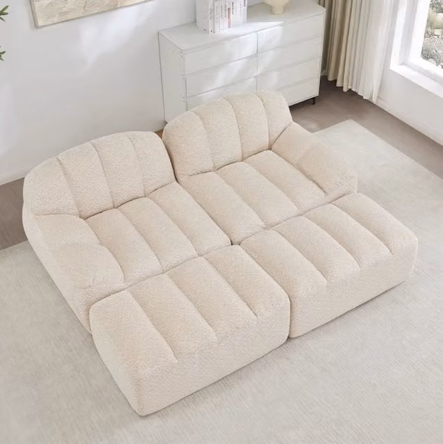 Divano modulare senza struttura rigida in pile granulato beige bianco con ottoman