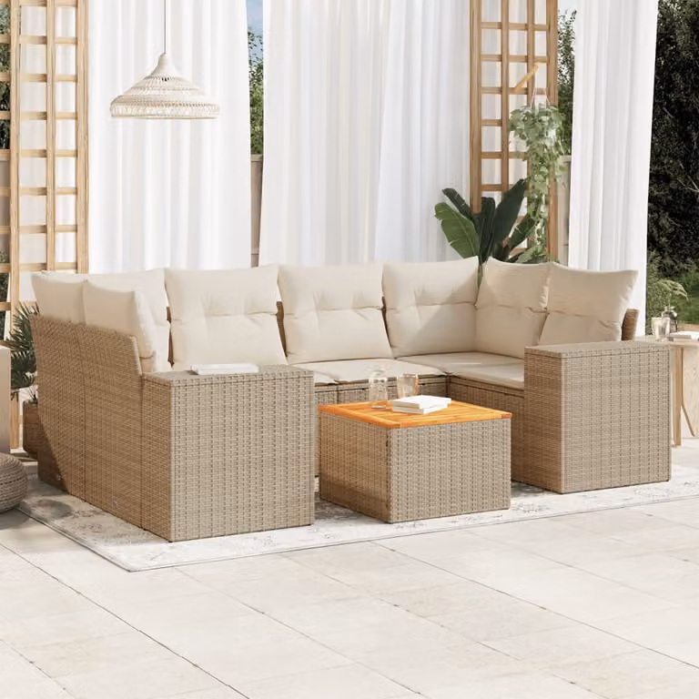 Set di divani da giardino vidaXL a forma di L composto da 7 pezzi in polyrattan beige con cuscini e tavolino da esterno