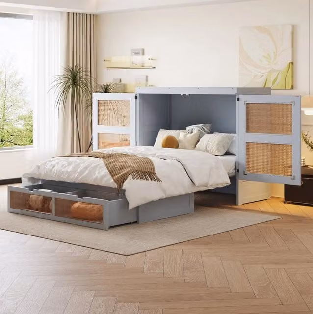 Letto a scomparsa 140x200 cm con design effetto rattan; contenitore e cassetti; grigio