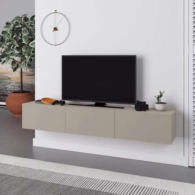 Mobile porta TV sospeso Tezeta moderno con 3 ante a ribalta, colore beige e bianco, L: 180 cm, P: 30 cm, H: 30 cm