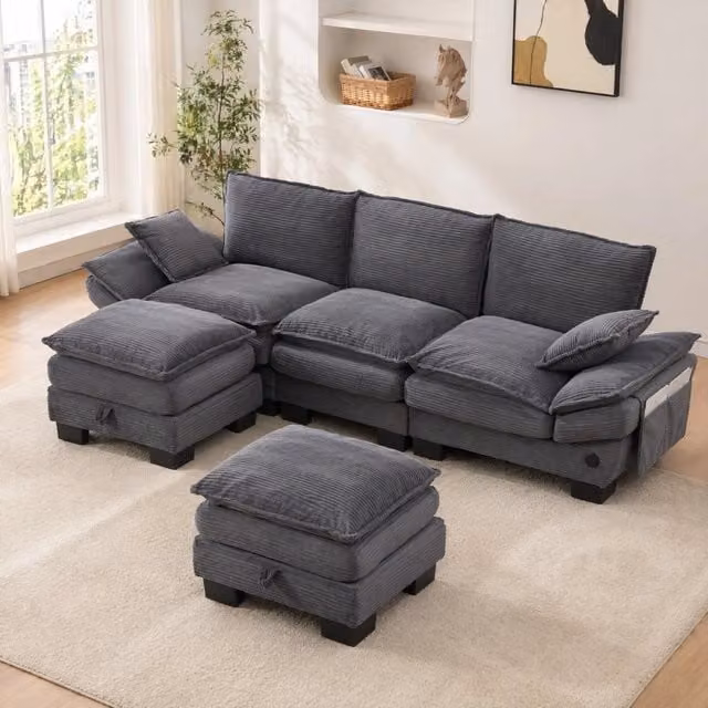 Divano modulare 3 posti in corduroy con 2 pouf; USB-C; grigio scuro