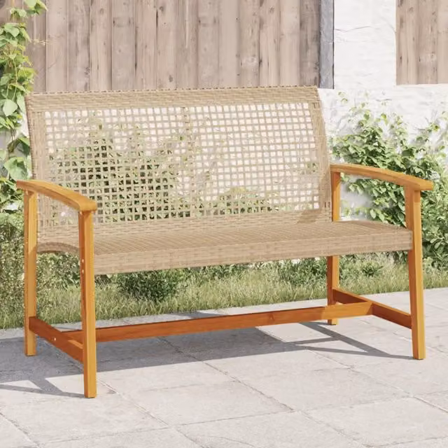 Panca da giardino moderna vidaXL in polyrattan e legno di acacia beige e marrone con cuscini e braccioli L: 112 cm – 1