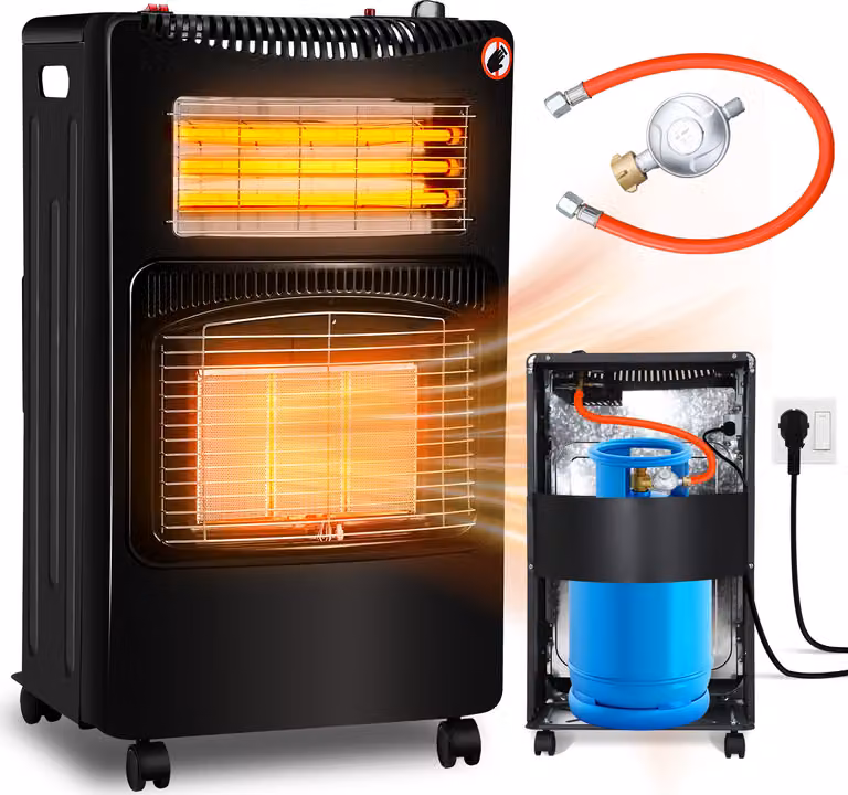 Riscaldatore a gas e elettrico Ikodm, 4200 W + 1200 W, 3 livelli di riscaldamento, riscaldamento a infrarossi, per gas liquido, colore nero